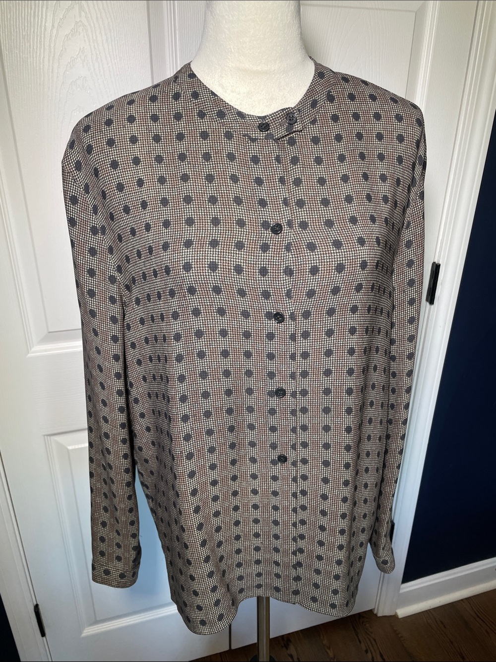Vintage Calvin Klein Collection Silk Blouse 90s Houndstooth Polka Dot Top Sz 14